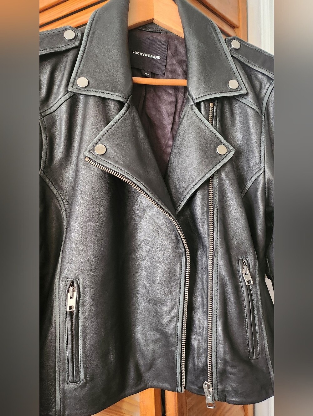 Lucky Brand Black Leather Moto Jacket with Asymmetric Zip - Picture 3 of 8